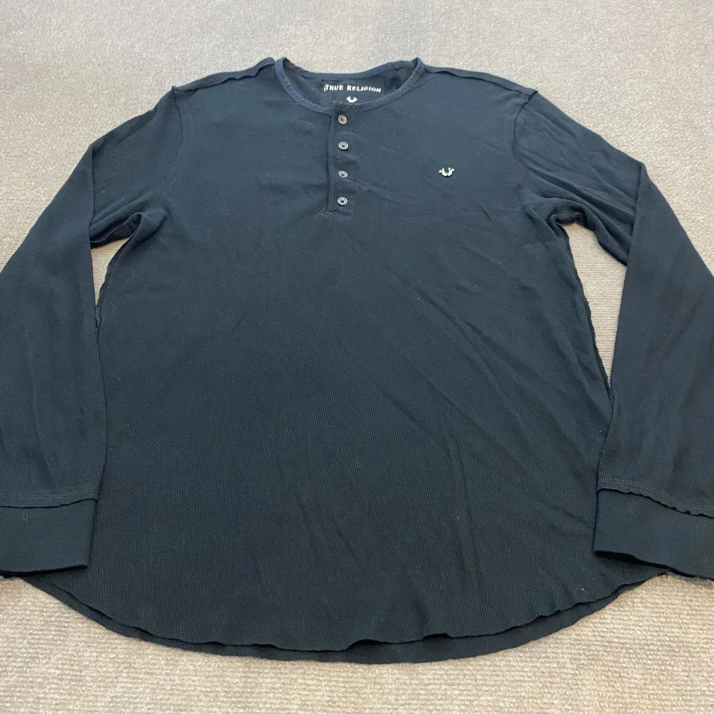 True Religion Henley Shirt Mens XL Black Long Sleeve Waffle Knit Casual Pullover